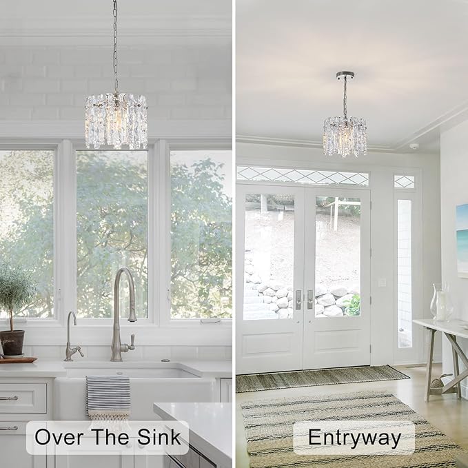 11" Handmade Ice Melt Glass Pendant Lights Kitchen Island Brushed Nickel Crystal Chandelier Modern Hanging Pendant Light Fixtures for Dining Room Foyer Entryway Living Room Bedroom Bar Cafe Restaurant