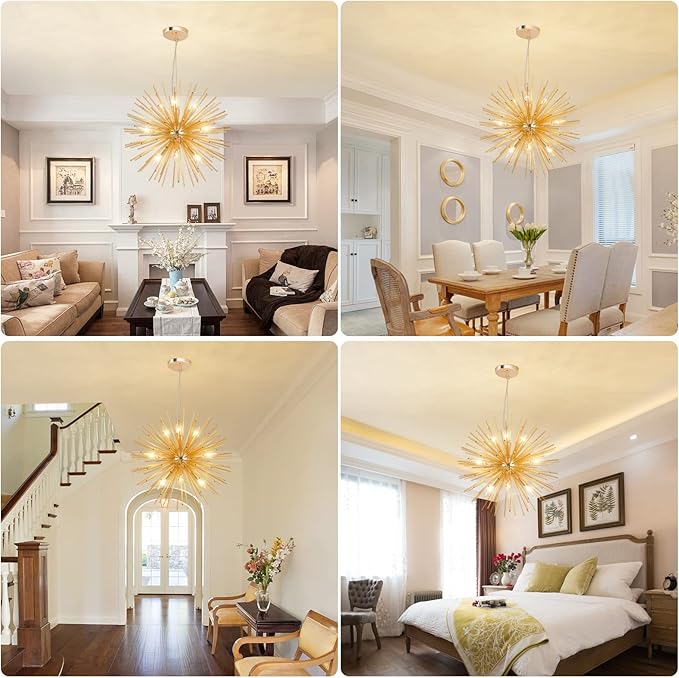 CM MZY Modern Gold Sputnik Chandeliers, 9-Light Satellite Pendant Light fixtures, Starburst Firework Ceiling Lights for Bedroom Living Room Dining Room Kitchen Island Hallway, E12 Socket(Dia:19.7'')
