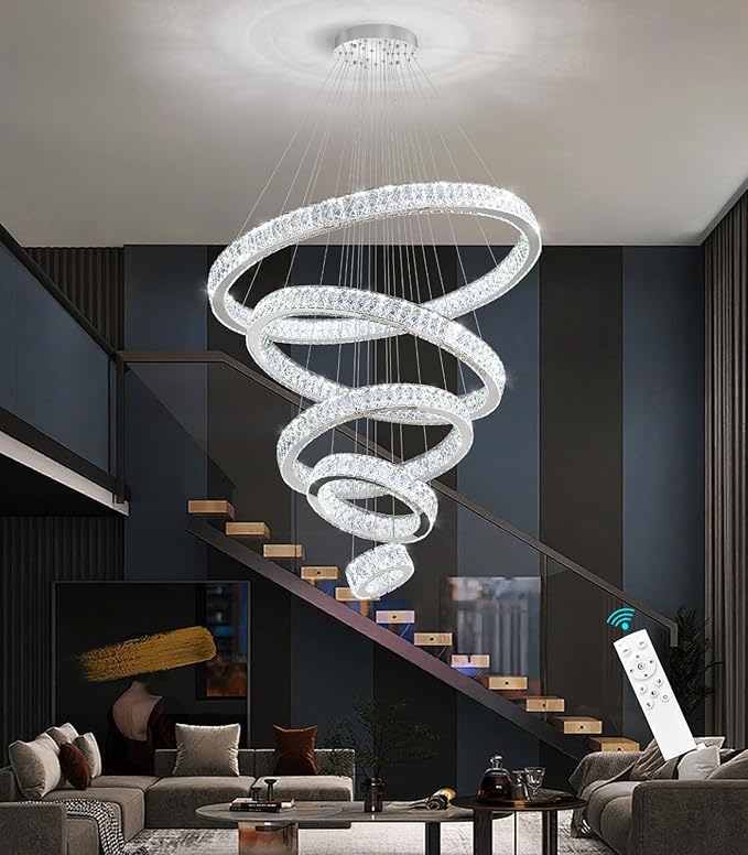 Modern High Ceiling Crystal Chandelier 90W Dimmable LED Chandeliers with Remote Luxury Height Adjustable Large Lighting Fixtures for Living Room Staircase Foyer Silver