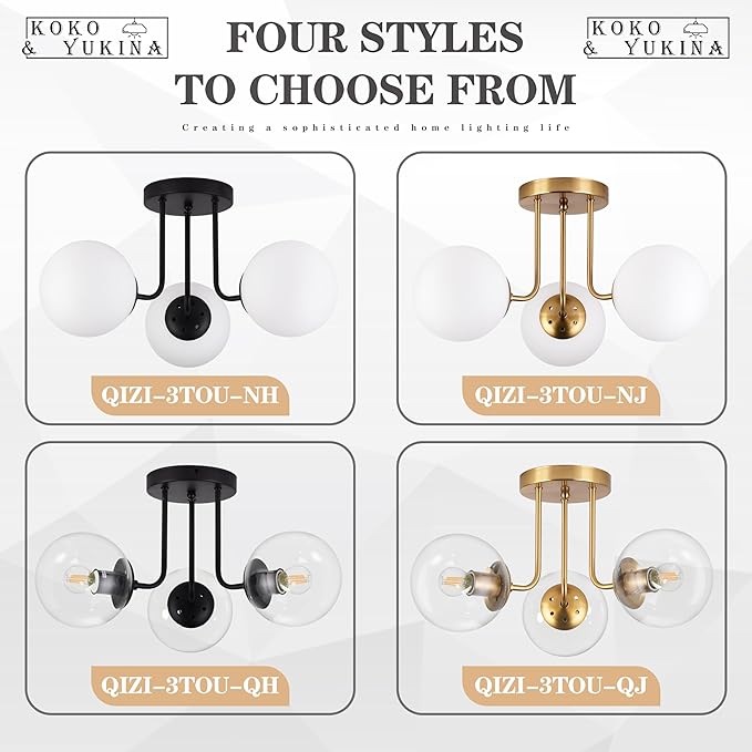 KoKo&Yukina 3-Light Semi Flush Mount Ceiling Light Globe Lights Mid Century Ceiling Light with Clear Glass Globe & Brushed Brass for Bedroom Hallway Entryway Kitchen Living Room (Bulb Incl.)