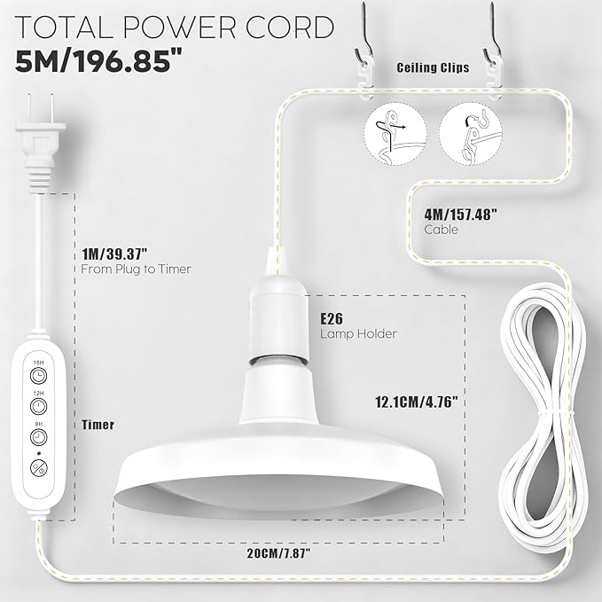 Hanging Grow Lights, 30W Full Spectrum, with Timer and 16.4FT Power Cord, Plant Lights for Indoor Growing, Garden, Flowers, Greenhouse (30W Grow Light(Timer))