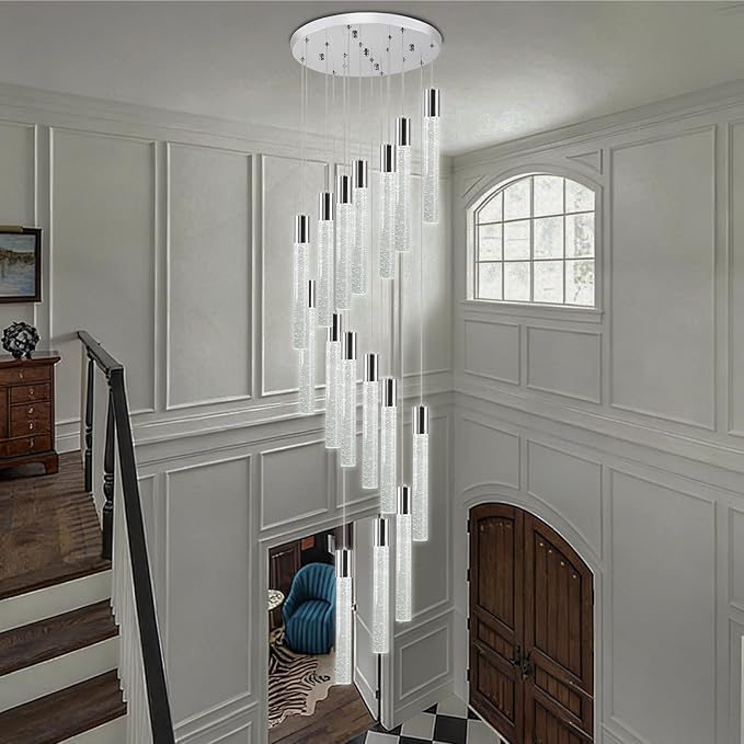 16-Light Chrome Bubble Crystal Chandelier Cool White Spiral Staircase Pendant for High Ceilings Sloped Ceiling Compatible Canopy Adjustable Hanging Height Grand Foyer Entryway