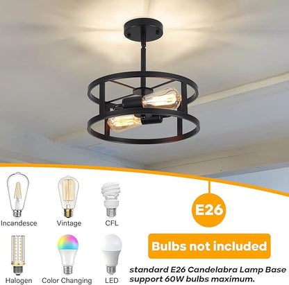 Industrial Black Semi Flush Mount Ceiling Light,Farmhouse Kitchen Lighting, Sloped Ceilings Lights Fixtures for Dining Room Hallway Entryway, 2-Light