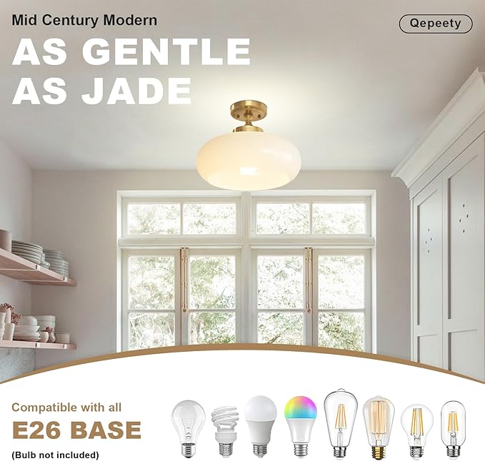 2 Pack Modern Semi Flush Mount Ceiling Light 1-Light Gold Ceiling Light Milky White Glass Shade Vintage Gold E26 Socket (Bulbs Not Included) Rustic Ceiling Light Fixture for Bar Cafe Office