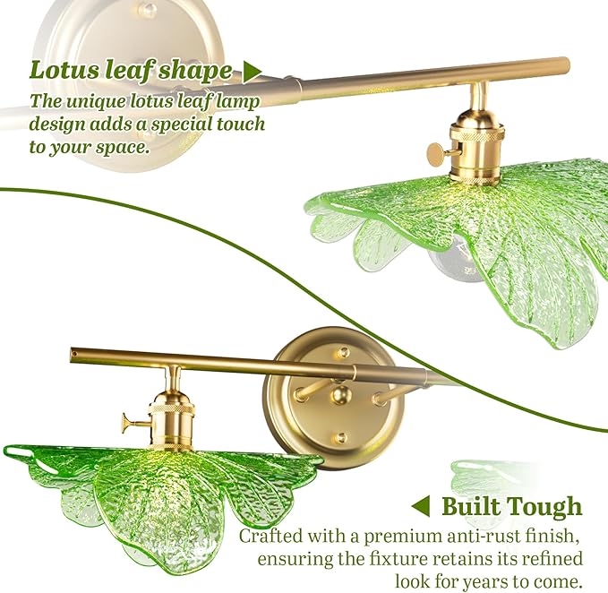 2 Light Vintage Wall Sconces with Glass Shades,Vanity Light,Bathroom Light,Wall Lighting Fixture for Mirror,Home Decor Art Wall Light (Golden+Green, 2-Lights)