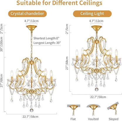 Crystal Chandelier, Golden Crystal Lighting,5-Light Modern Chandelier for Living Room Kitchen Island Entryway Bedroom