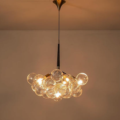 Mid-Century Bubble Ball Chandelier Black Gold 6-Light Cluster Clear Swirled Blown Glass Globe Pendant Light Dia 24" Chandeliers Lighting Light Fixtures for Dining Room Bathroom Island Entryway