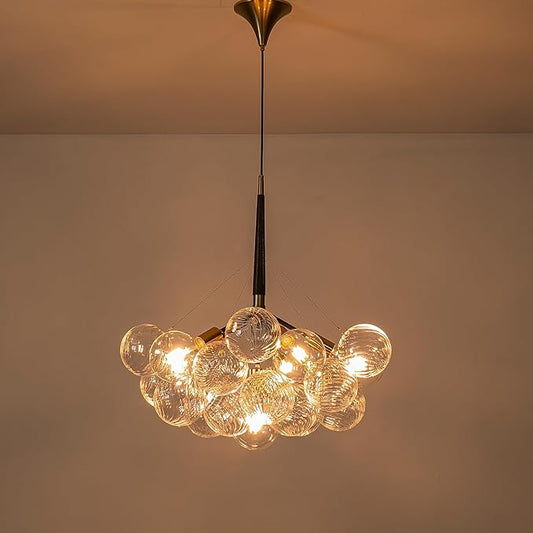 Mid-Century Bubble Ball Chandelier Black Gold 6-Light Cluster Clear Swirled Blown Glass Globe Pendant Light Dia 24" Chandeliers Lighting Light Fixtures for Dining Room Bathroom Island Entryway