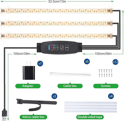RWNTAO 13 Inches LED Grow Light Strips for Plant Shelf, 3500K Full Spectrum Plant Growing Lights for Indoor Plants, 144 LEDs Planting Lamp with 10 Dimmable Levels and 3/9/12H Timer, 3 Head