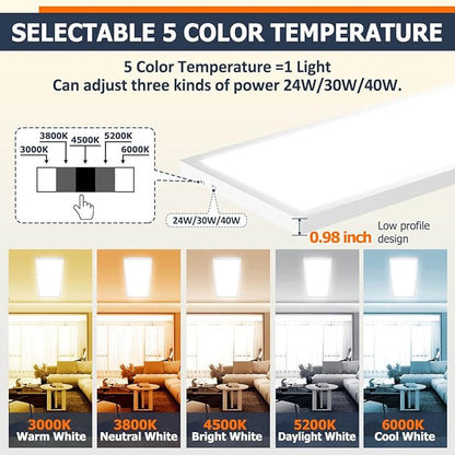 1x4 Led Flat Panel Light Surface Mount Ceiling Light, 5CCT 3000K/3800K/4500K/5200K/6000K Dimmable, 24W/30W/40W 4980LM Edge-Lit, Flush Mount or Drop Ceiling for Office Kitchen Garage, White 2-Pack