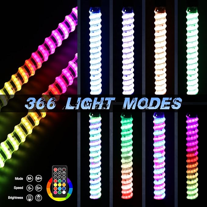 2 Pack 1FT COB LED Whip Lights, Fastchoy Auto UTV Whip Lights with App & Remote Control, Spiral RGB Chasing Lighted Whips for Side by Side UTV ATV RZR SXS Can-Am Polaris Offroad Truck