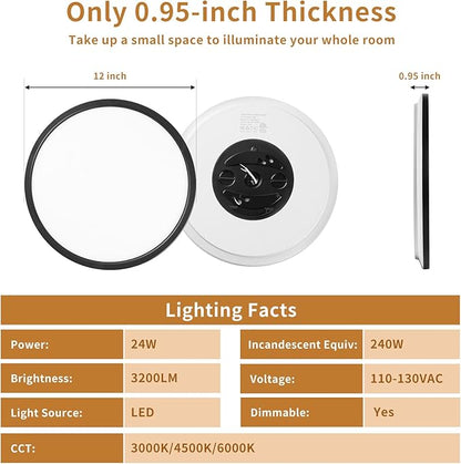LED Flush Mount Ceiling Lights Dimmable 12Inch 3200LM 24Watt, 3000K 4500K 6000K, Low Profile Surface Mount Slim Light Fixtures Black, Thin Flat LED Panel Lights for Bedroom Bathroom Hallway, 4 Packs