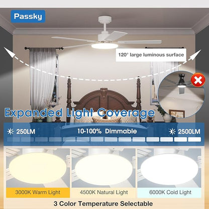 Passky Ceiling Fans with Lights, 52 inch Sleek Ceiling Fan with Light and Remote Control, 3CCT, Dimmable, Reversible, Noiseless, White Ceiling Fan for Bedroom, Living Room