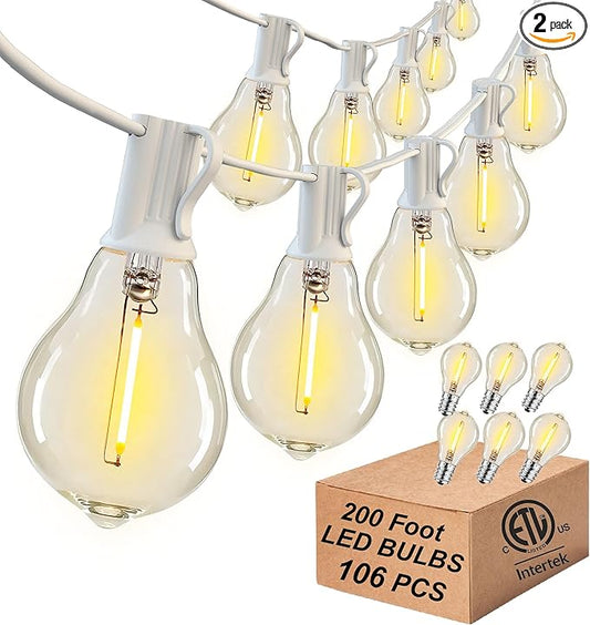DAMAING Outdoor String Lights 200FT(2x100FT) Waterproof Patio Lights with 105 Plastic Dimmable LED Edison Bulbs,Connectable Outdoor Lighting for Backyard,Garden and Wedding Outside, 2200K White Cord