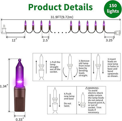 LAMPHOME Purple Christmas Lights Decoration 150Lights 31.9ft UL Certified Mini Bulb String Lights Set for Outdoor Halloween Home Christmas Tree Garden Holiday Party Patio Decor