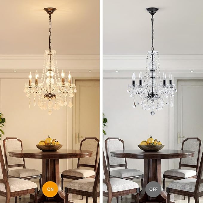 WUZUPS Crystal 5-Light Candle Chandelier Pendant Flushmount Ceiling Light Modern Lighting Fixture for Bedroom Hallway Bar Kitchen Bathroom, H 25" x W 20", Black, E12 Base