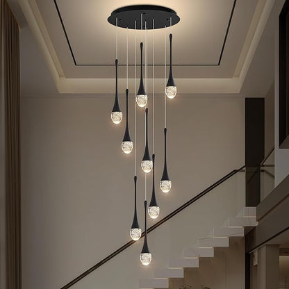 Modern Crystal Chandelier 10-Lights Black, H98.5'' High Ceiling Spiral Dimmable LED Bubble Crystal Raindrop Light Fixture for Foyer Entryway Dining Room Remote Control