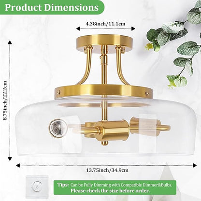 TOBUSA 3-Light Semi Flush Mount Light Fixture, Modern Industrial Glass Ceiling Light with E26 Base, Metal Semi Flush Ceiling Light for Living Room Kitchen Bedroom Hallway Balcony, No Bulbs, Gold