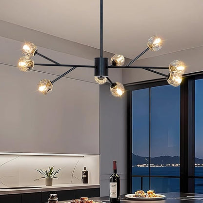 Depuley Modern Black Sputnik Chandelier: 9-Light Crystal Glass Chandelier for Dining Room - Kitchen Table Light Fixture Mid Century Hanging Lamp Height Adjustable for Foyer (Included G9 Bulbs)