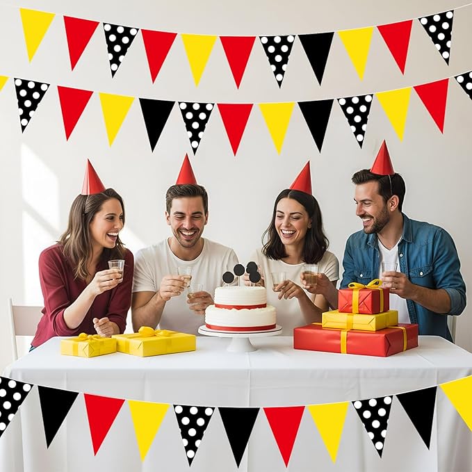HESTYA 5 Pieces 49 Feet Mouse Pennant Banner Cartoon Party Decorations Cartoon Themed Red Yellow Black White Dot Triangle Flags Bunting Banners for Birthday Wedding Party Decor Indoor Outdoor Supplies