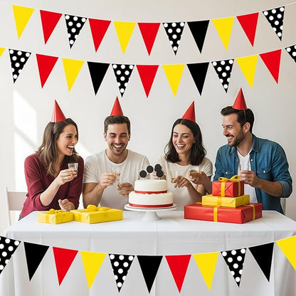 HESTYA 5 Pieces 49 Feet Mouse Pennant Banner Cartoon Party Decorations Cartoon Themed Red Yellow Black White Dot Triangle Flags Bunting Banners for Birthday Wedding Party Decor Indoor Outdoor Supplies