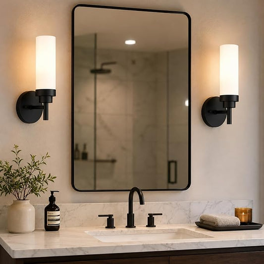 Emak Modern Wall Sconce Set of 2, Black Bathroom Light Fixtures with Milk Glass Shade, Farmhouse Wall Lamp for Bathroom, Bedroom, Living Room, Hallway, WS085-BK-ML-2PK