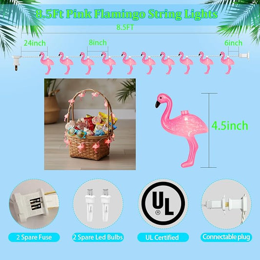 Summer Themed Pink Flamingo String Lights, 8.5Ft Tropical Beach Flamingo Decor Lights, Indoor/Outdoor Party Lights for Bedroom Birthday Wedding Holiday Hawaiian Tiki Tropical Party Décor