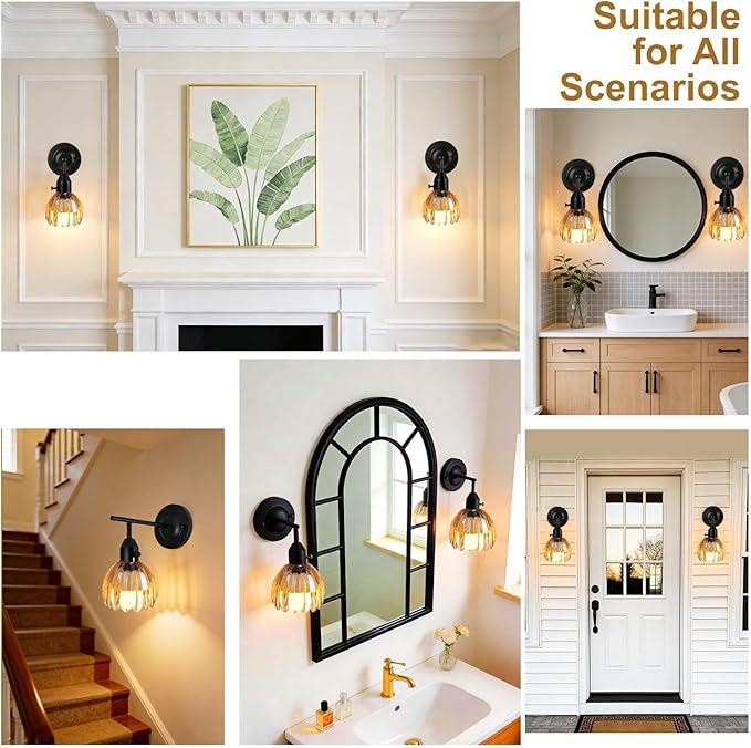 Vintage Black Wall Sconces Set of 2 with Cute Amber Tulip Glass Lampshade, Hardwired and Wireless Wall Mounted Light Fixtures (2 Usage Methods) with Switch for Bedside Bedroom Living Room Wall Decor