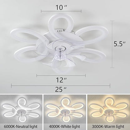 Ceiling Fans with Lights and Remote, 25 Inch Modern Low Profile Flush Mount Ceiling Fan, Dimmable LED Ceiling Light Fixture, Small Ceiling Fans for Bedroom, Kitchen, Indoor-White