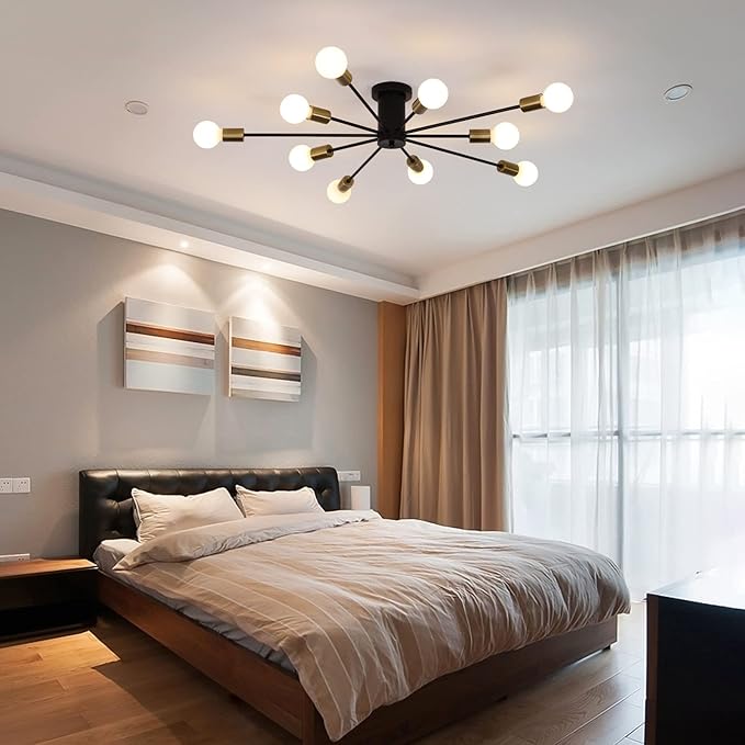 Garwarm Modern Sputnik Ceiling Light, 10-Light Mid Century Sputnik Chandelier Industrial Semi Flush Mount Ceiling Light Fixture for Living Room Kitchen Bedroom Farmhouse Dining Room(Black+Gold)