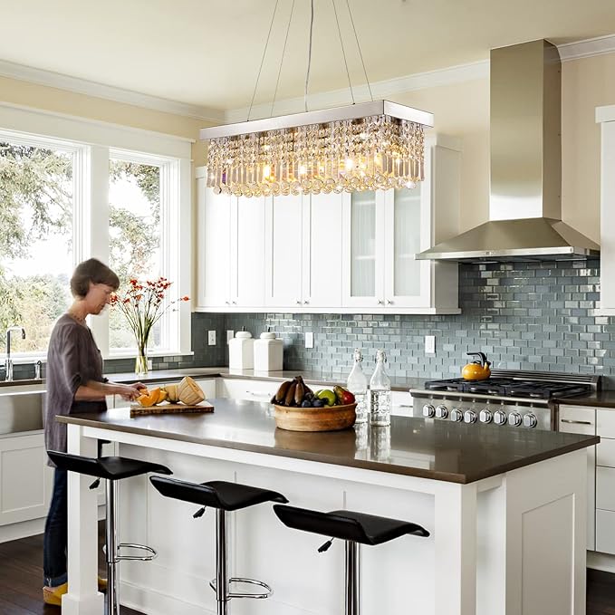 7PM Rectangle K9 Crystal Chandelier Modern Rectangular Pendant Light Fixture for Dining Room Kitchen Island Chrome L31.5 x W10 x H10