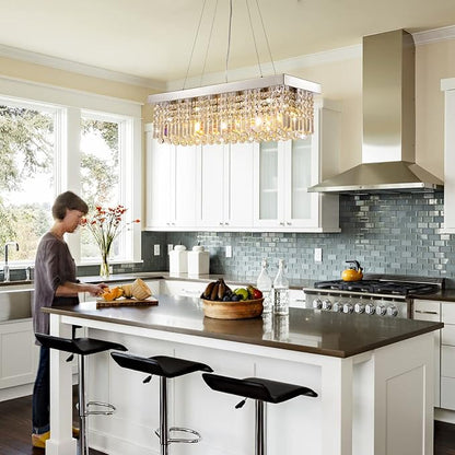 7PM Rectangle K9 Crystal Chandelier Modern Rectangular Pendant Light Fixture for Dining Room Kitchen Island Chrome L31.5 x W10 x H10