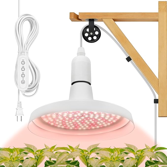 Hanging Grow Light with Wood Wall Mount Bracket, 30W Full Spectrum Plant Light with Pulley, Timer and 16.4FT Power Cord, Ideal for Indoor Growing and Flowers