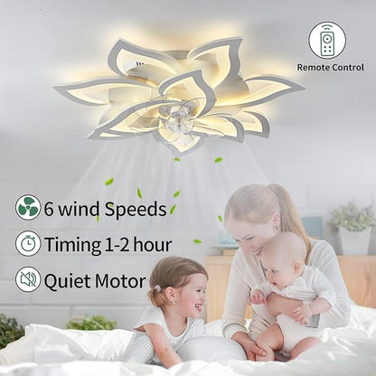Yfrest Modern Ceiling Fan with Light and Remote, Low Profile Ceiling Fans with Lights, 32 Inch Flush Mount Ceiling Fan with 3 Light Color 6 Speeds, Fandelier Ceiling Fan for Living Room, Dining Room