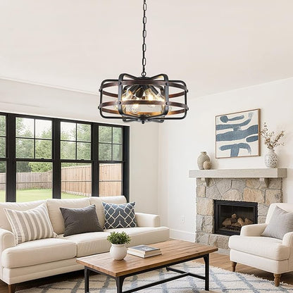 17.71" Modern Farmhouse Chandelier 4-Lights Cage Industrial Black Chandeliers for Dining Room Light Fixture Rustic Lantern Pendant Vintage Lighting Fixtures for Foyer Kitchen Entryway Living Room E26