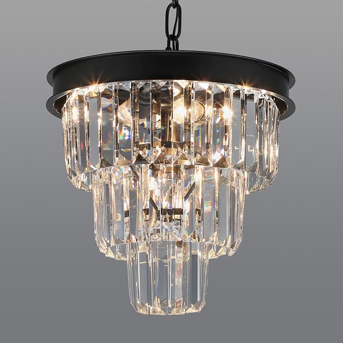Weesalife Crystal Chandeliers for Dining Room Light Fixtures Over Table，4-Lights Modern Black Crystal Pendant Lighting Fixture，3 Tiers Small Chandeliers for Kitchen Island Bedroom Entryway D12 Inch