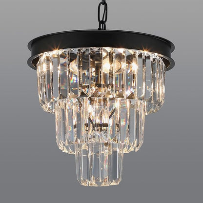 Weesalife Crystal Chandeliers for Dining Room Light Fixtures Over Table，4-Lights Modern Black Crystal Pendant Lighting Fixture，3 Tiers Small Chandeliers for Kitchen Island Bedroom Entryway D12 Inch