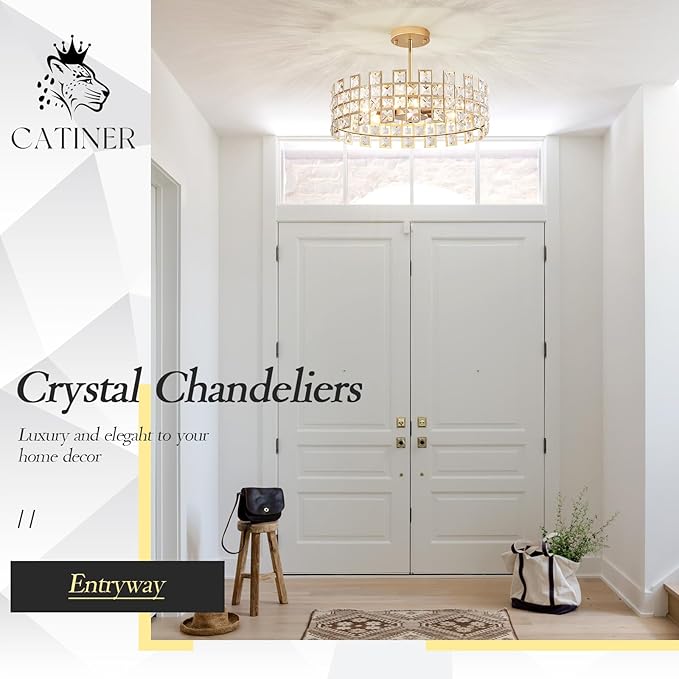 CATINER Gold Crystal Chandelier 18'' Round, Modern 6-Light Semi Flush Mount Ceiling Light, Adjustable Hanging Crystal Pendant Light with G9 Base for Kitchen Island, Dining Room, Bedroom, Entryway
