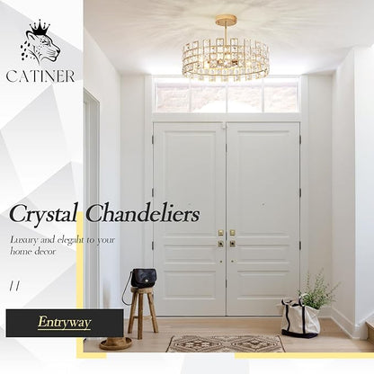 CATINER Gold Crystal Chandelier 18'' Round, Modern 6-Light Semi Flush Mount Ceiling Light, Adjustable Hanging Crystal Pendant Light with G9 Base for Kitchen Island, Dining Room, Bedroom, Entryway