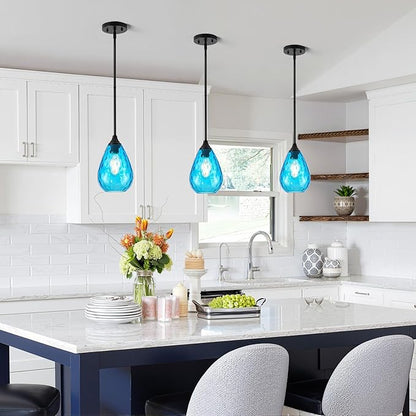 Glass Pendant Lights Kitchen Island, 1-Light Modern Black Pendant Light Fixtures with Blue Hammered Glass and Rods, Small Hanging Light for Kitchen Sink Dining Room Bathroom