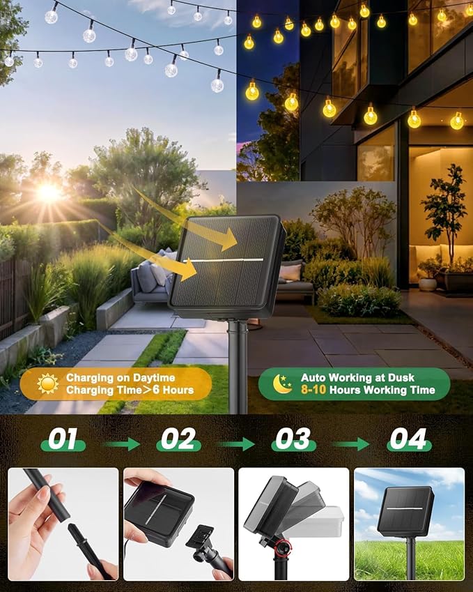 Brightown Solar String Lights Outdoor Waterproof, 2 Pack 60 LED 36.5 FT Each, Solar Powered Patio Lights with 8 Lighting Modes for Garden Yard Porch Wedding Party Decor (Warm White)