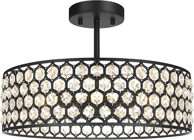 Lxybcce Black Crystal Ceiling Light Fixture - Modern Semi Flush Mount Ceiling Chandelier Lighting for Kitchen, Dazzling Prism Chandelier for Bedroom, Bathroom, Dining Room, 5 Light, 16 in