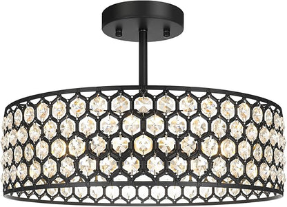 Lxybcce Black Crystal Ceiling Light Fixture - Modern Semi Flush Mount Ceiling Chandelier Lighting for Kitchen, Dazzling Prism Chandelier for Bedroom, Bathroom, Dining Room, 5 Light, 16 in
