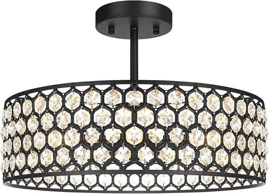 Lxybcce Black Crystal Ceiling Light Fixture - Modern Semi Flush Mount Ceiling Chandelier Lighting for Kitchen, Dazzling Prism Chandelier for Bedroom, Bathroom, Dining Room, 5 Light, 16 in