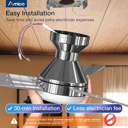 Amico Ceiling Fans with Lights, 52 inch Low Profile Ceiling fan with Light and Remote Control, Flush Mount, Reversible, 3CCT, Dimmable, Noiseless, Nickel Ceiling Fan for Bedroom, Indoor/Outdoor Use