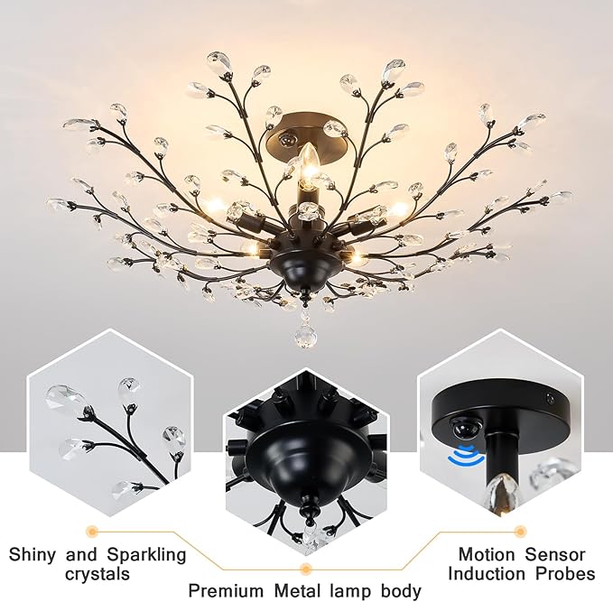 CVKASH Motion Sensor Crystal Chandelier Modern Black Semi Flush Mount Ceiling Light Fixture Vintage Small Chandelier Lighting for Kitchen Bedroom Living Room Dining Room Hallway Foyer