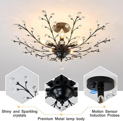 CVKASH Motion Sensor Crystal Chandelier Modern Black Semi Flush Mount Ceiling Light Fixture Vintage Small Chandelier Lighting for Kitchen Bedroom Living Room Dining Room Hallway Foyer