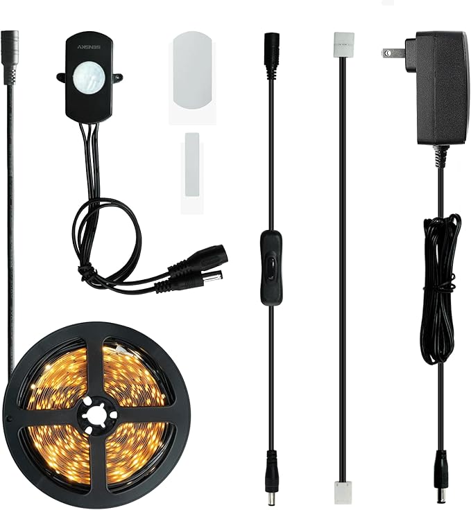 Sensky Motion Sensor LED Under Cabinet Lighting Kit Extendable Under Counter LED Light with Motion Sensor, Power Adapter for Gun Safe Light, Shelf, TV Wall Lighting (8.2FT,3000-3500K)