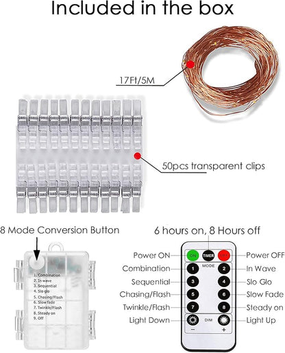 LECLSTAR 50 LED Photo Clips String Lights, 17ft with Remote - 8 Modes Fairy Lights to Clip on Pictures, Photos, Cards