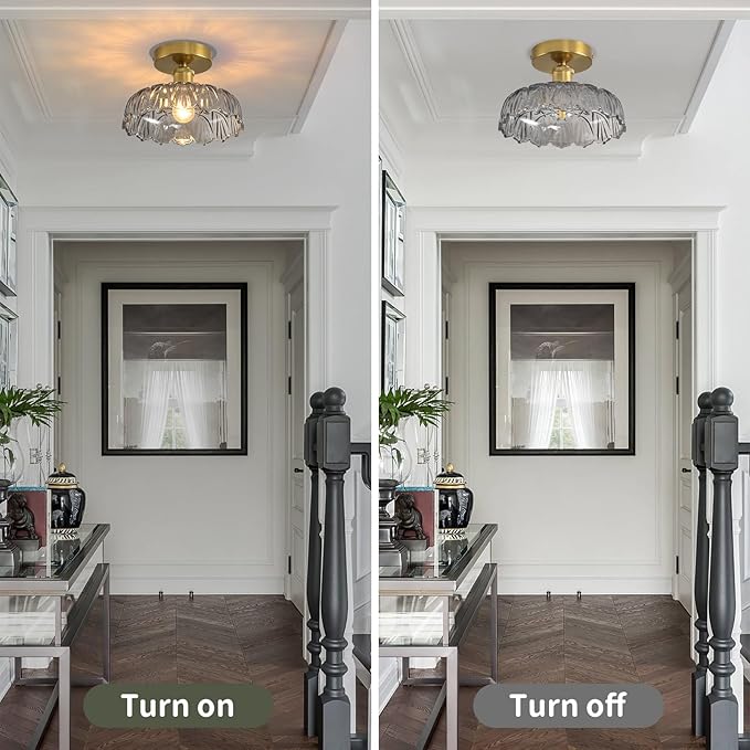 Semi Flush Mount Ceiling Light Mid Century Modern Floral Smoke Gray Glass Shade, Close to Ceiling Lighting Fixtures for Bedroom, Bathroom, Kitchen, Closet Laundry Room, Foyer and Hallway 9.45 in